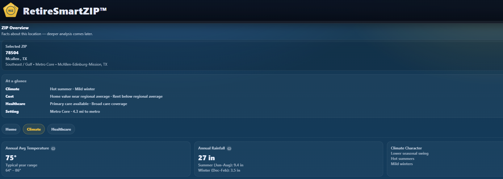 RetireSmartZIP climate tab for McAllen, Texas 78504