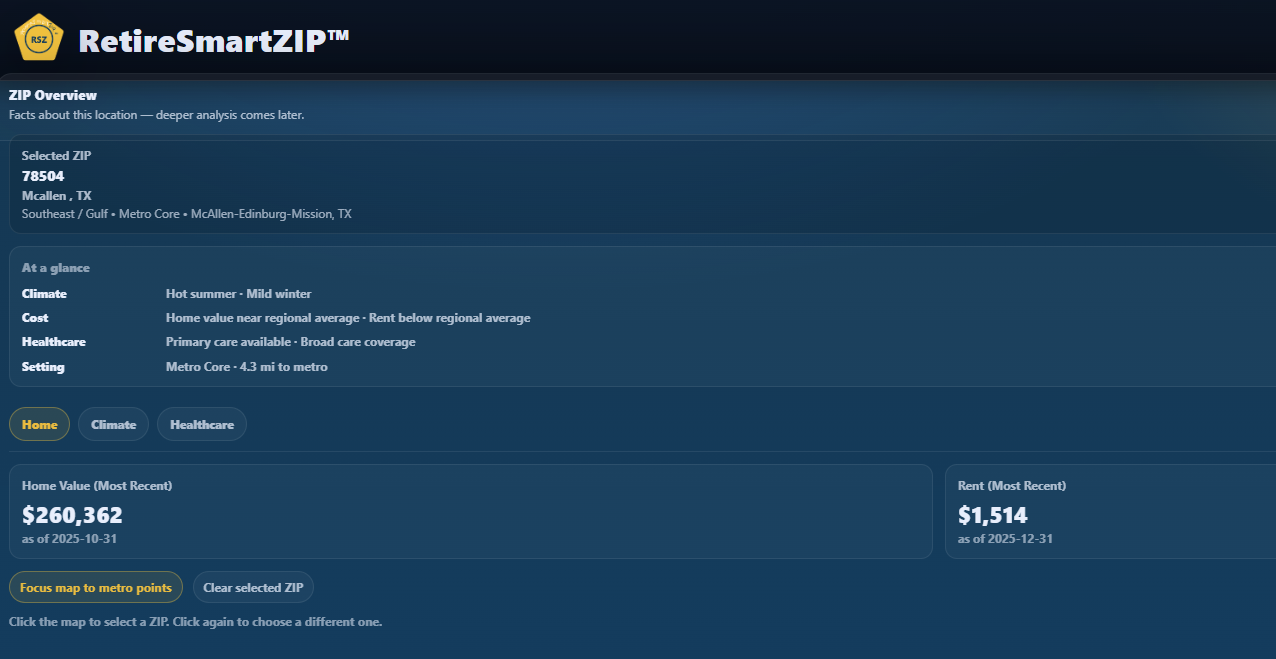 RetireSmartZIP ZIP overview for McAllen, Texas 78504 showing home value and rent